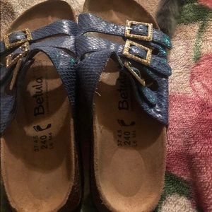 Betula Birkenstock| blue snakeskin print sandals